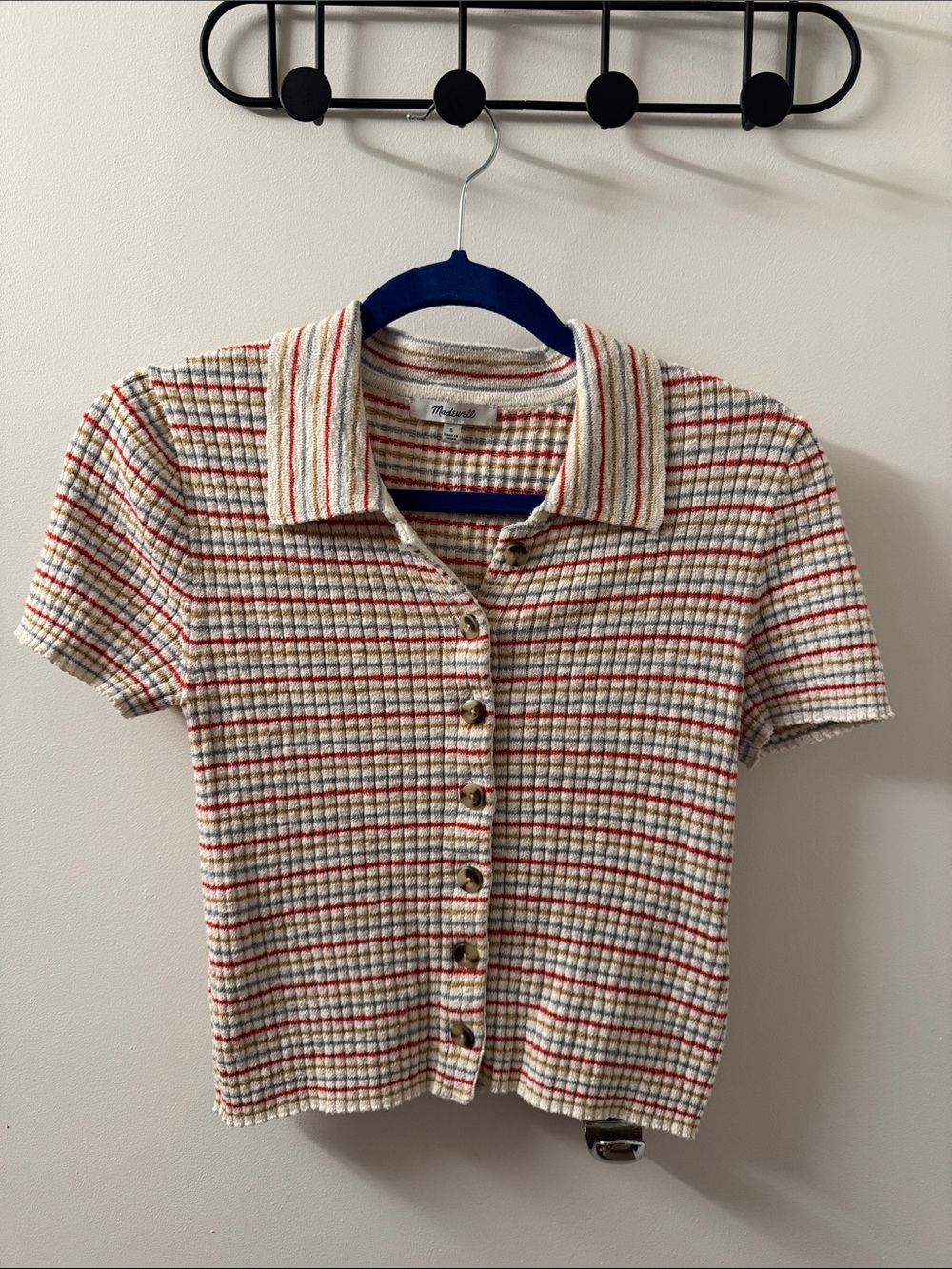Madewell Textured Button-Up Polo Top in Cream with Red & Blue Stripes